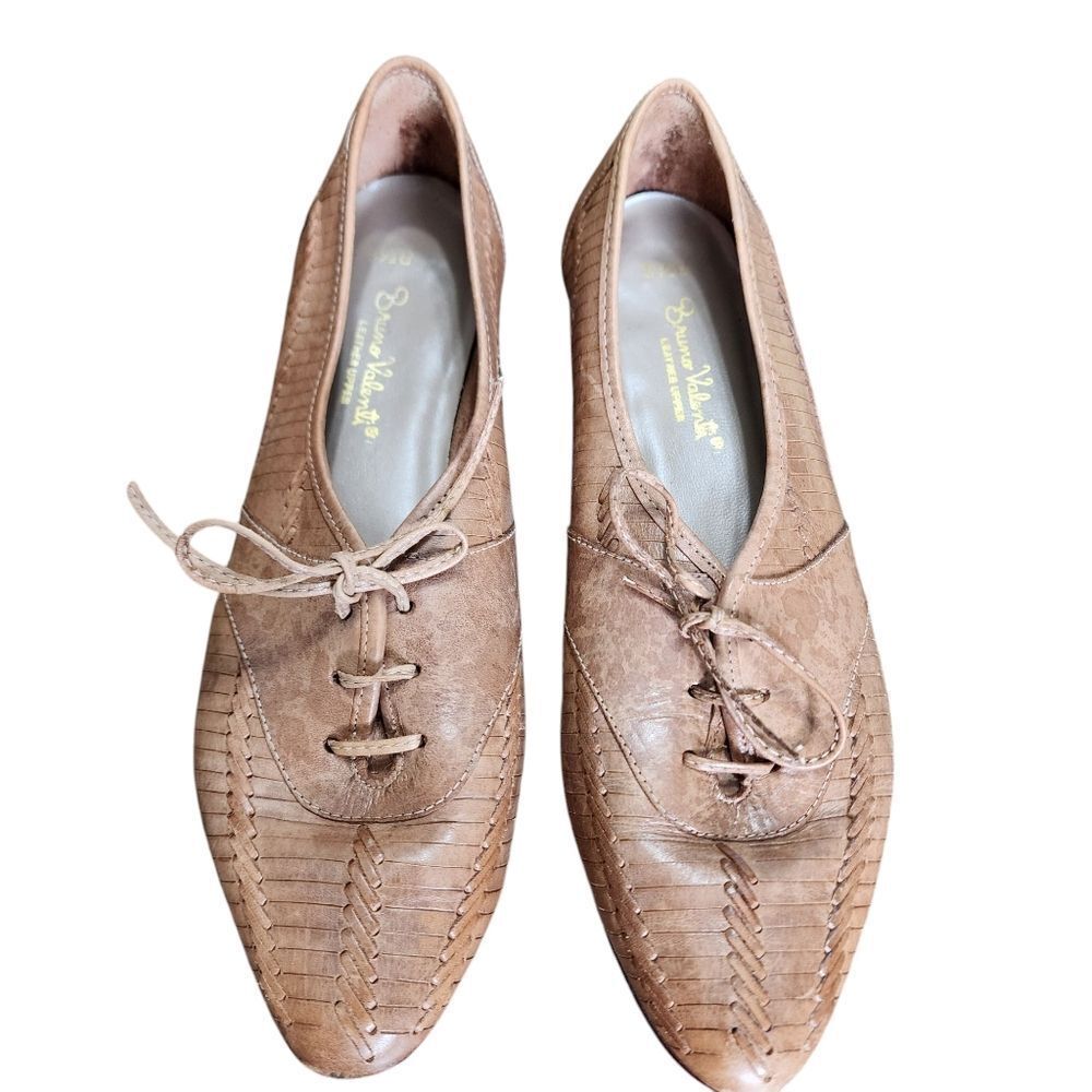 Bruno Valenti Vintage Tan Woven Leather Lace Up Loafer Flats 8.5B